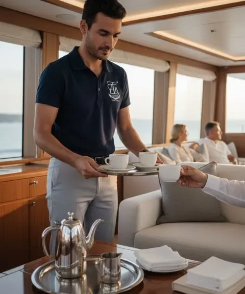 A yacht cruising at golden hour