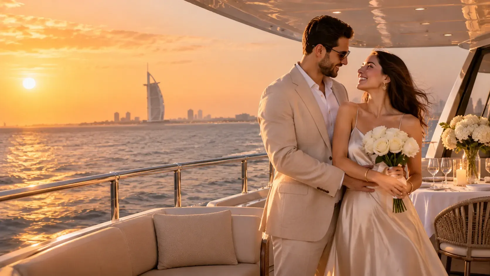 Couple embracing on a yacht deck at sunset with the Burj Al Arab on the horizon