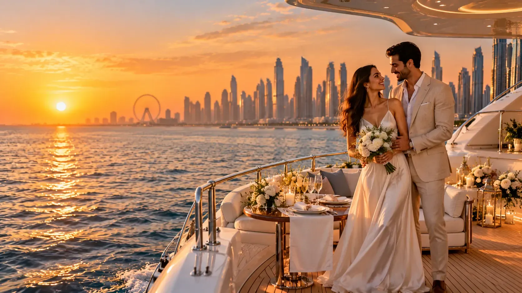 Couple with a bouquet beside a candlelit table on a yacht deck at sunset, Dubai Marina behind
