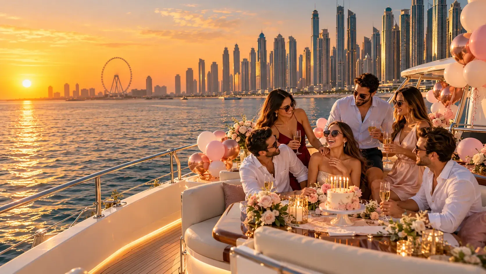 Friends celebrating a birthday with cake, candles and balloons on a yacht at sunset