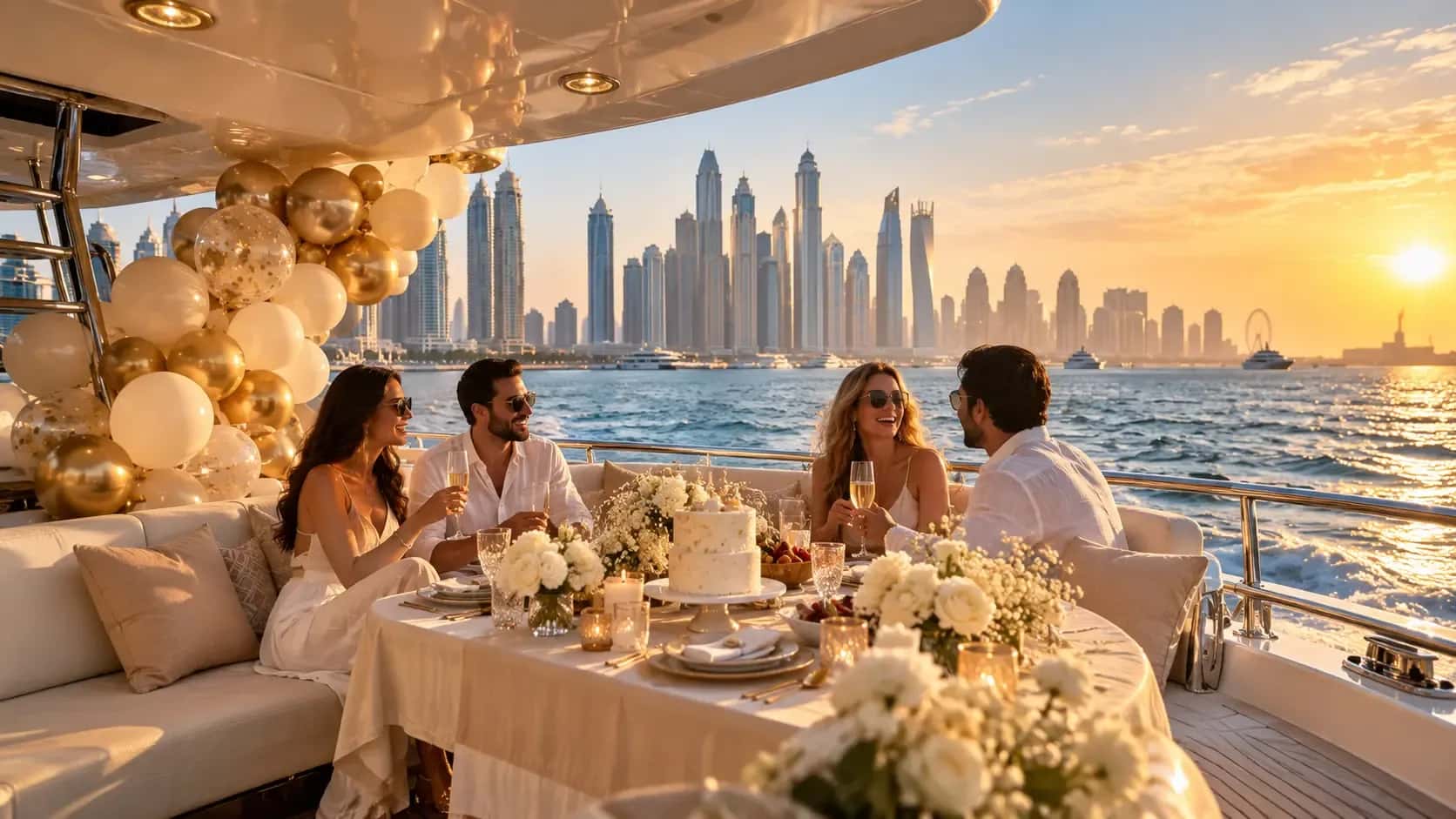Friends raising a toast at a table set with flowers and a cake on a yacht at sunset