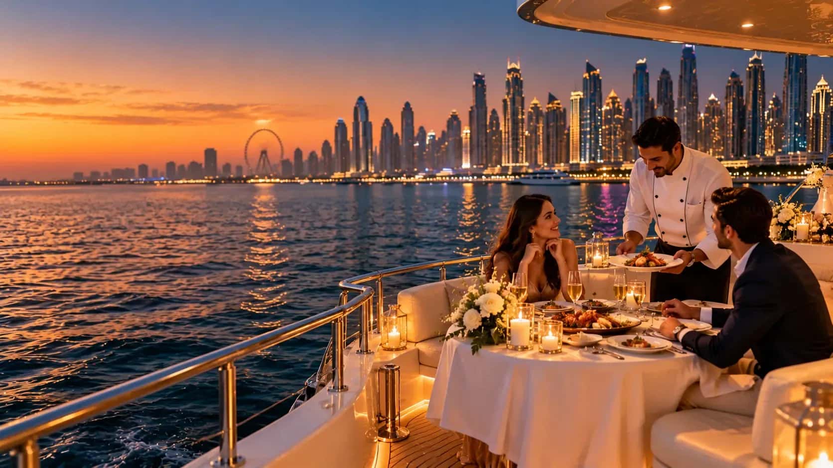 Chef serving a candlelit dinner to a couple on a yacht deck at dusk, Dubai Marina lit up behind