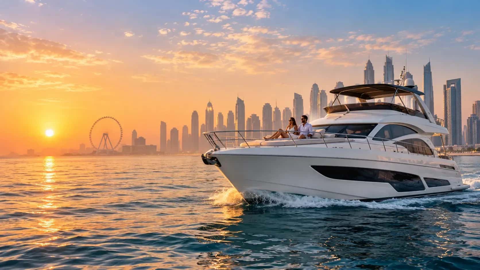 Couple relaxing on the bow of a yacht as the sun rises over Ain Dubai and Dubai Marina
