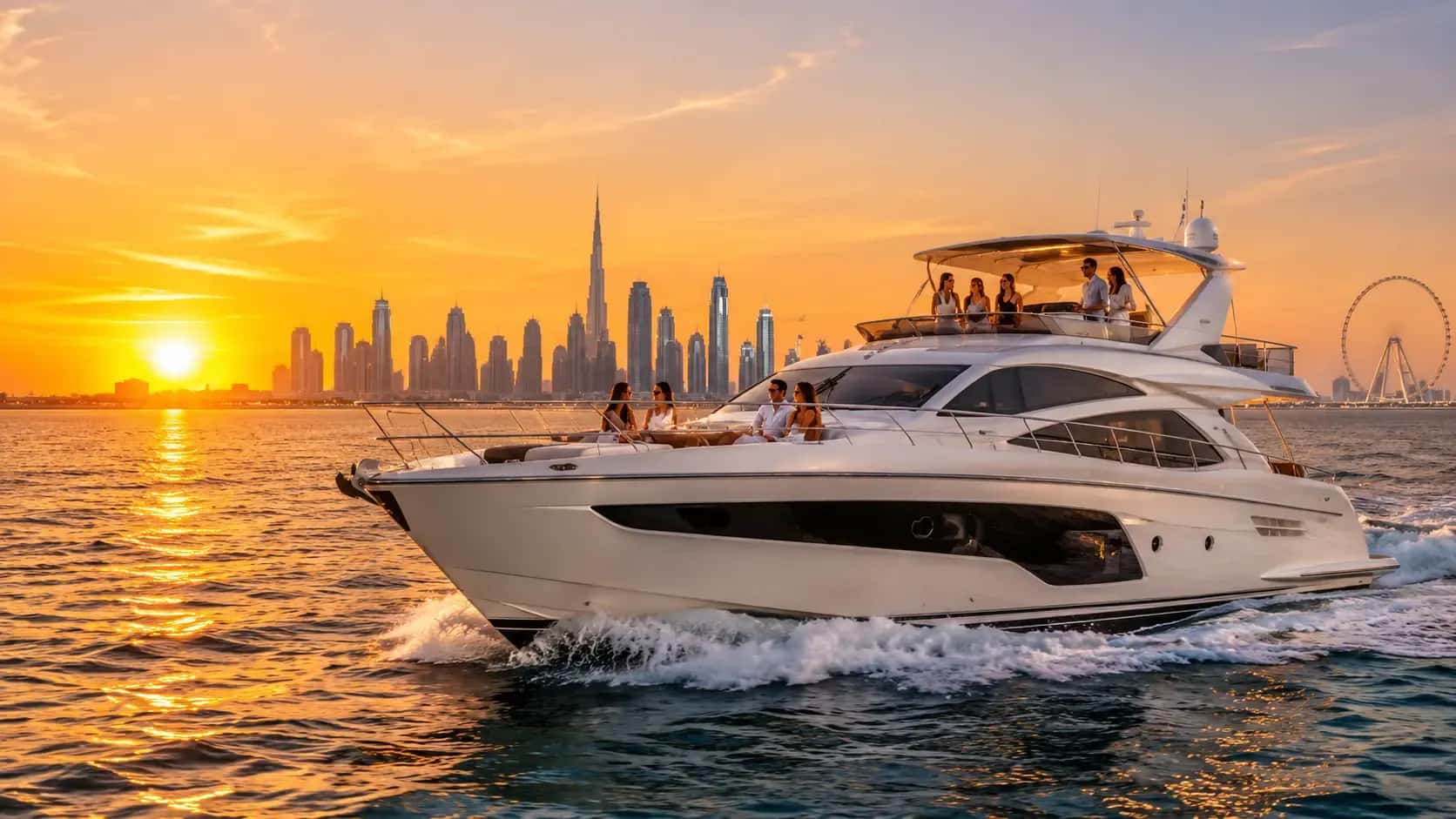 Guests on a private yacht cruising at sunset with the Burj Khalifa and Dubai skyline behind