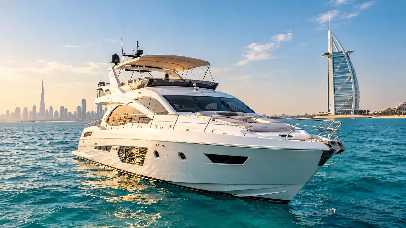 A white yacht on calm water near the Burj Al Arab