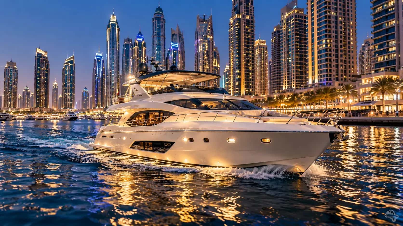 A yacht lit up at night in Dubai Marina