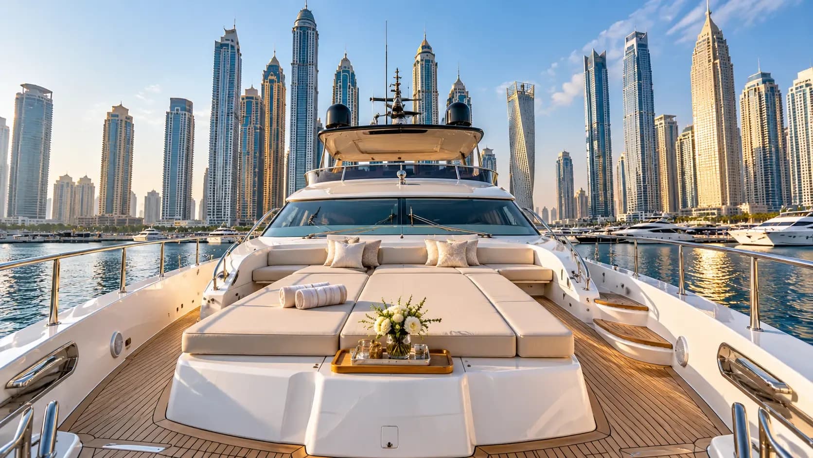 The cushioned foredeck of a yacht in Dubai Marina
