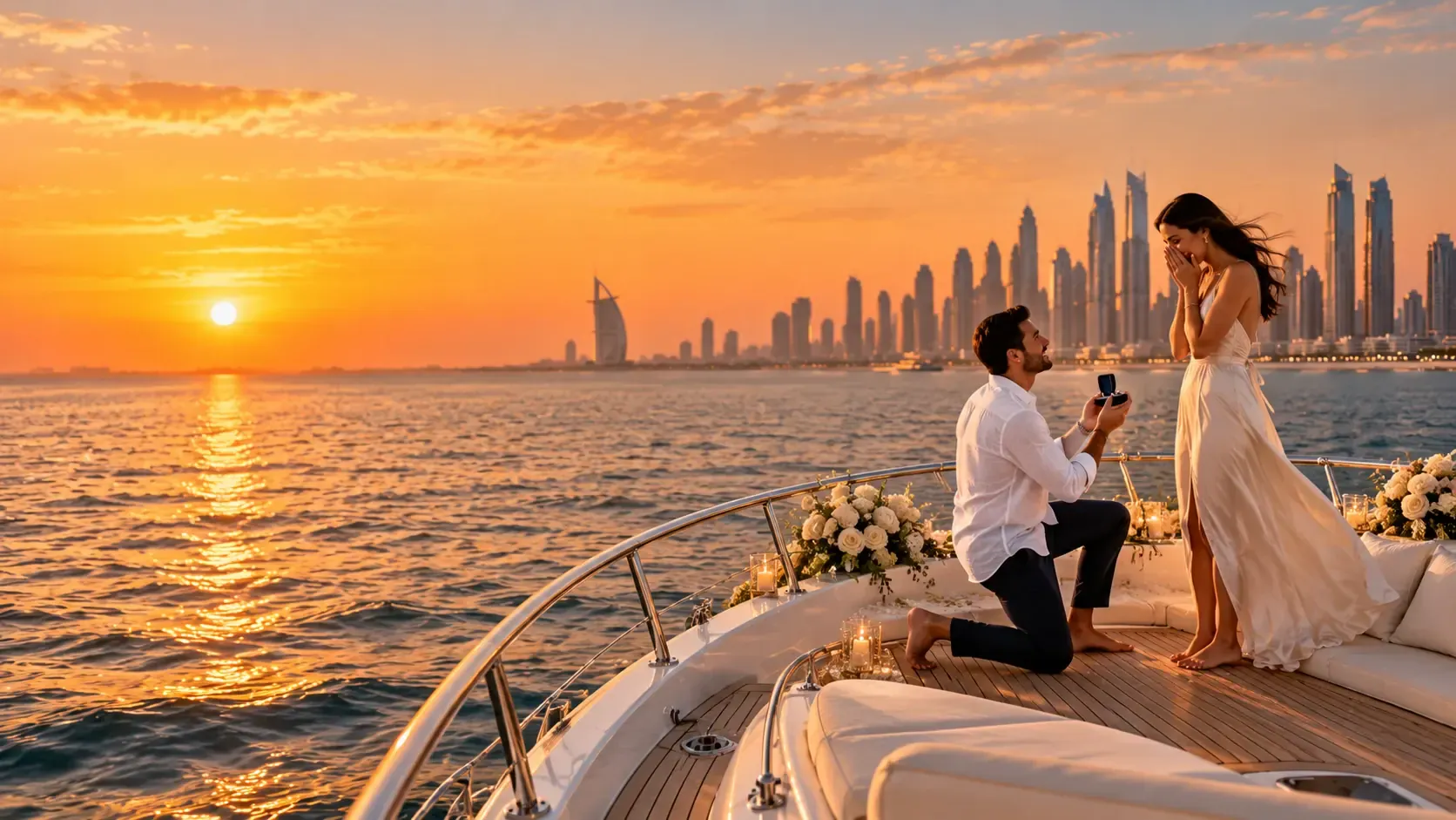 Man proposing on one knee on a yacht bow at sunset, Burj Al Arab and Dubai skyline behind