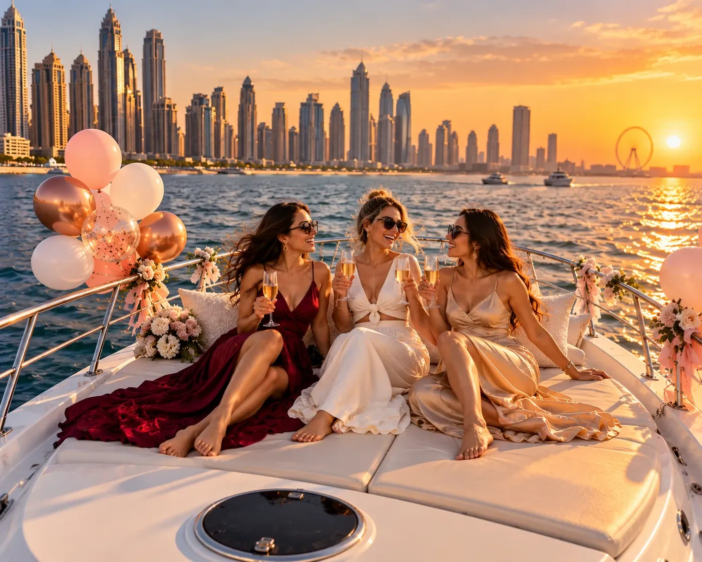 Three friends toasting on a yacht bow decorated with balloons and flowers at sunset, Dubai Marina behind
