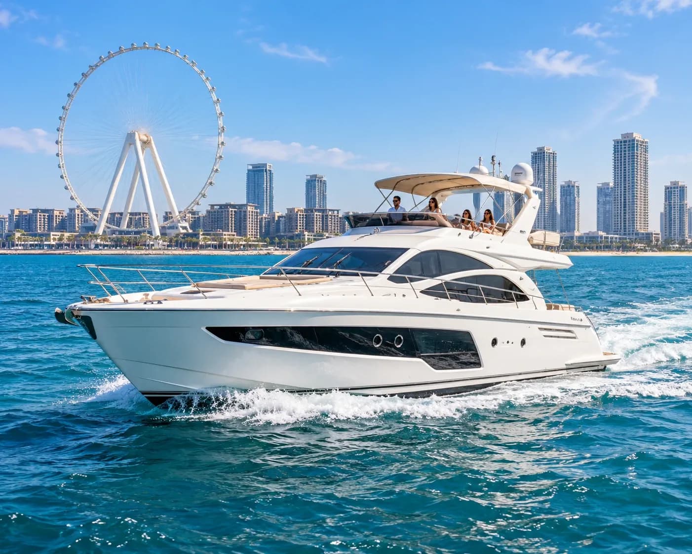 White private yacht cruising past Ain Dubai and Bluewaters, guests on the flybridge
