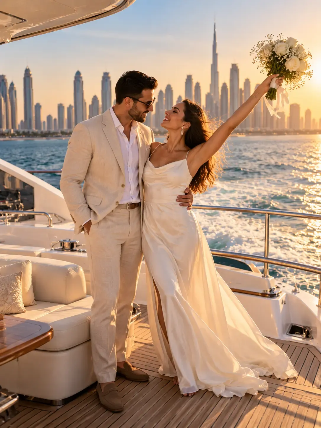 Couple celebrating on a yacht deck at sunset, bouquet raised