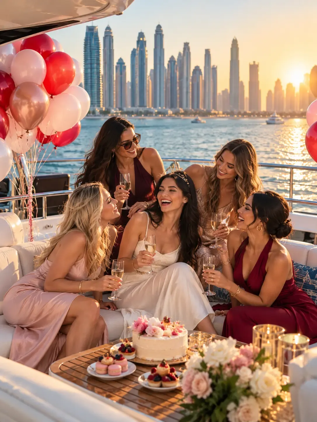 Friends toasting a birthday with balloons and a cake on a yacht deck at sunset