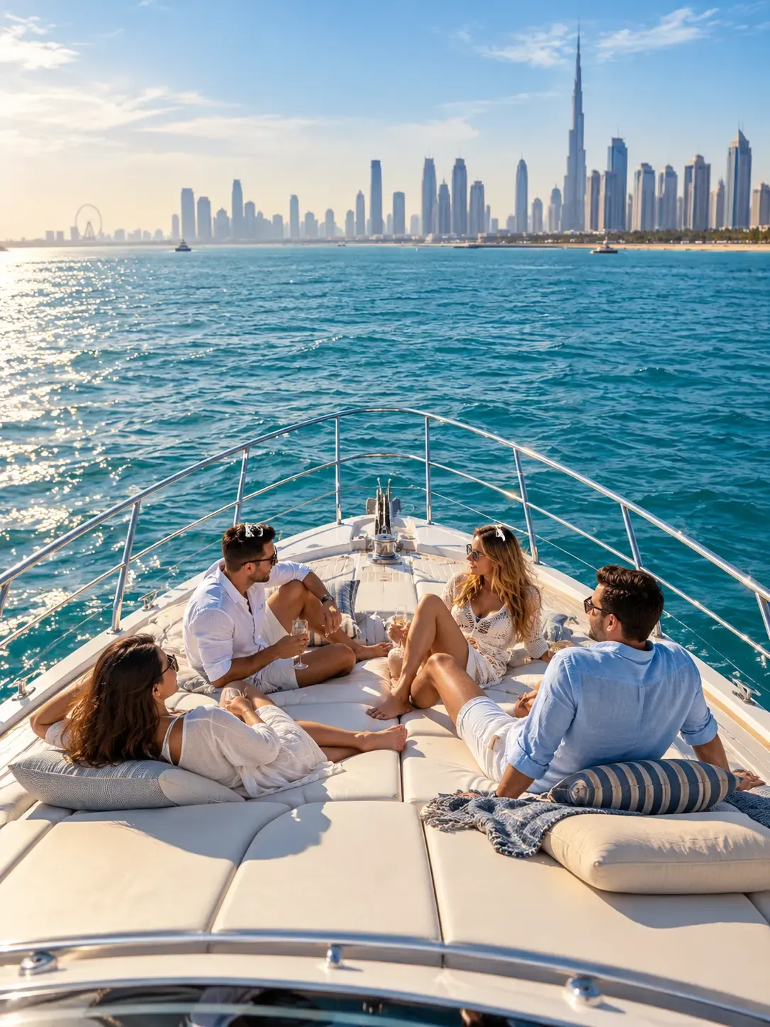 Four friends relaxing on the foredeck sunbed of a yacht, Dubai skyline ahead