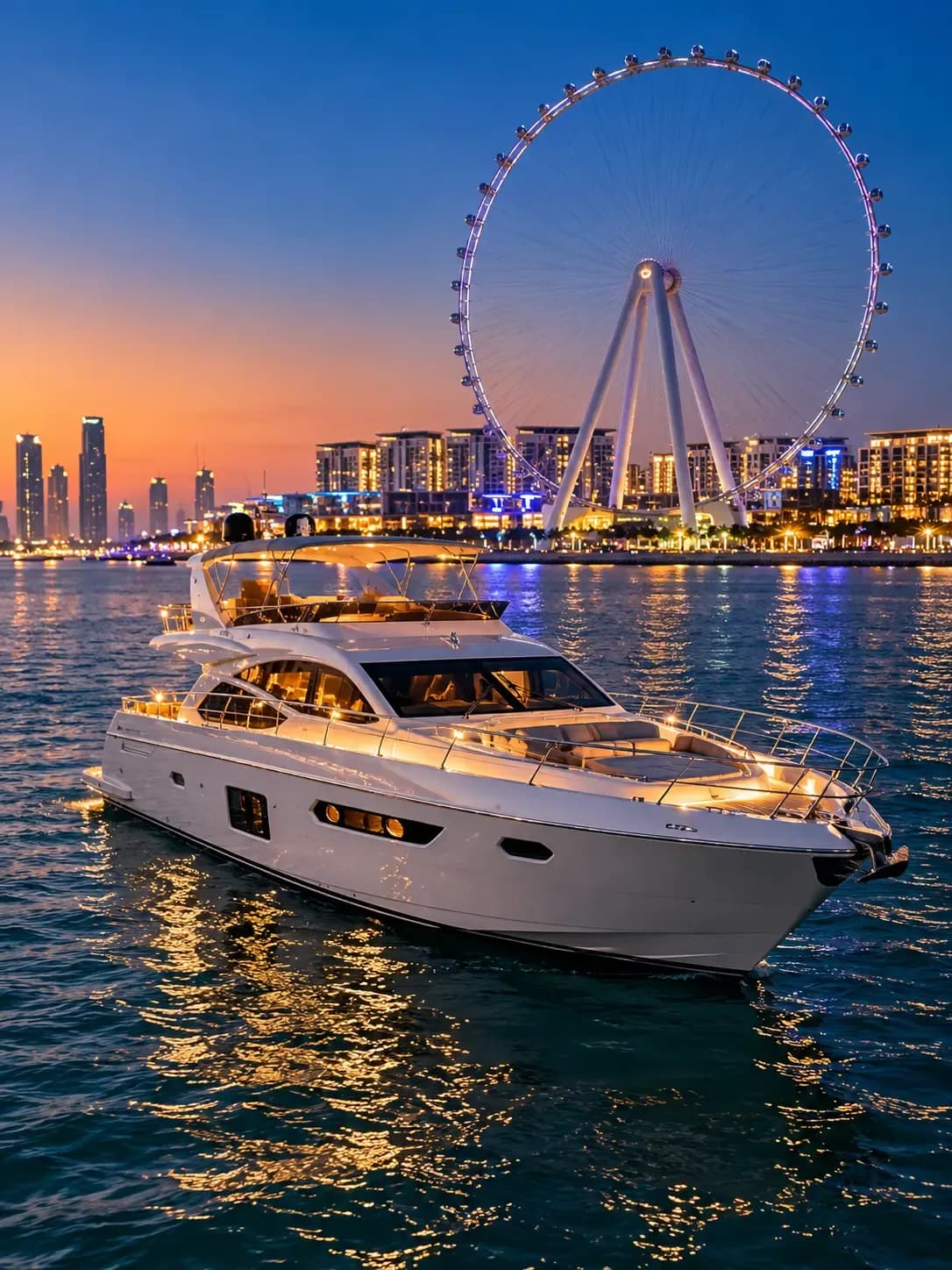 Yacht lit up at night on the water in front of Ain Dubai