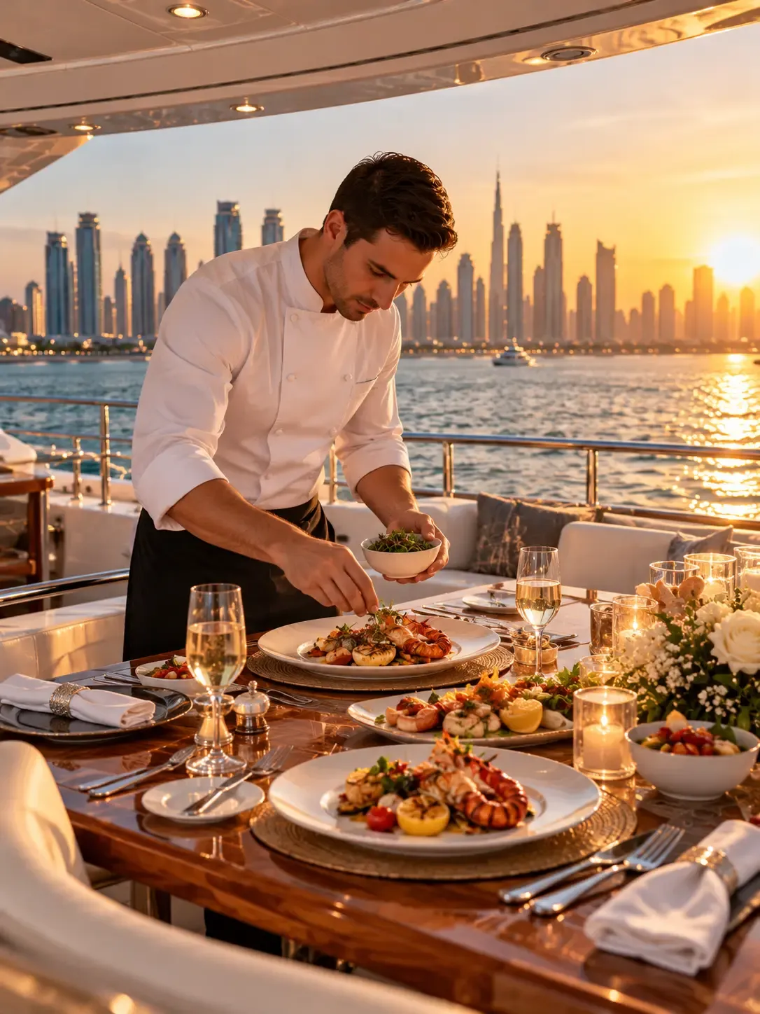 Chef plating seafood at a candlelit table on a yacht deck at sunset