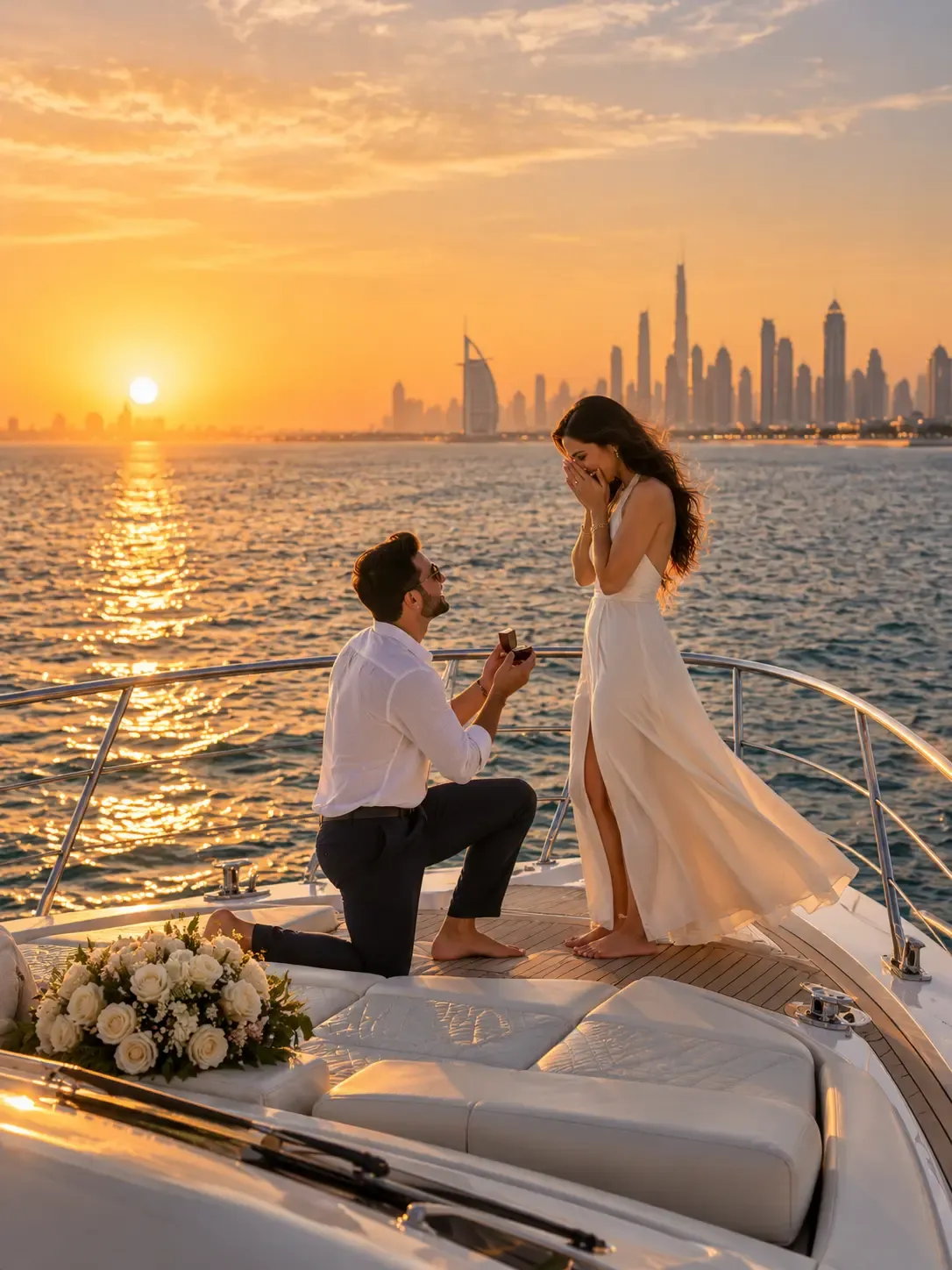Man proposing on one knee on a yacht foredeck at sunset, Dubai skyline behind