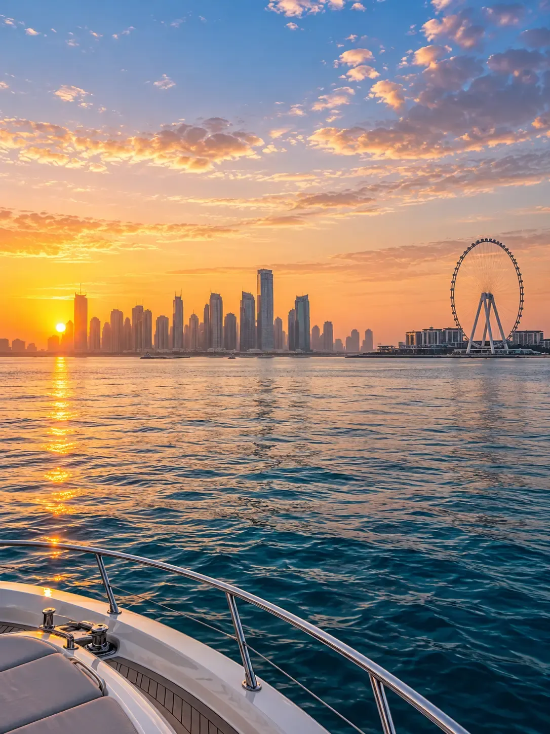 Low sun over the Dubai Marina towers and Ain Dubai, seen from the bow of a yacht