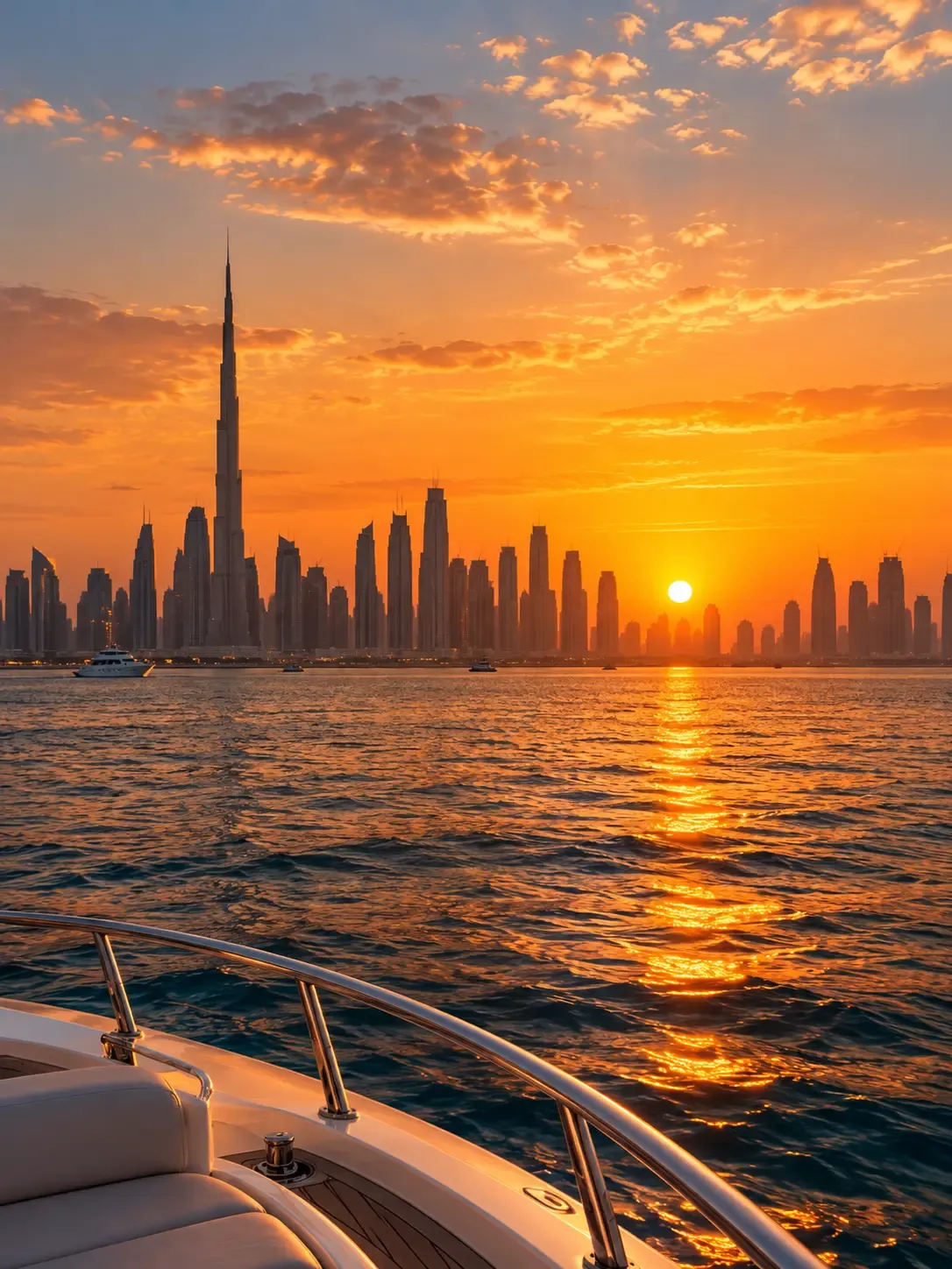 Sunset over the Dubai skyline and Burj Khalifa, seen from the bow of a yacht
