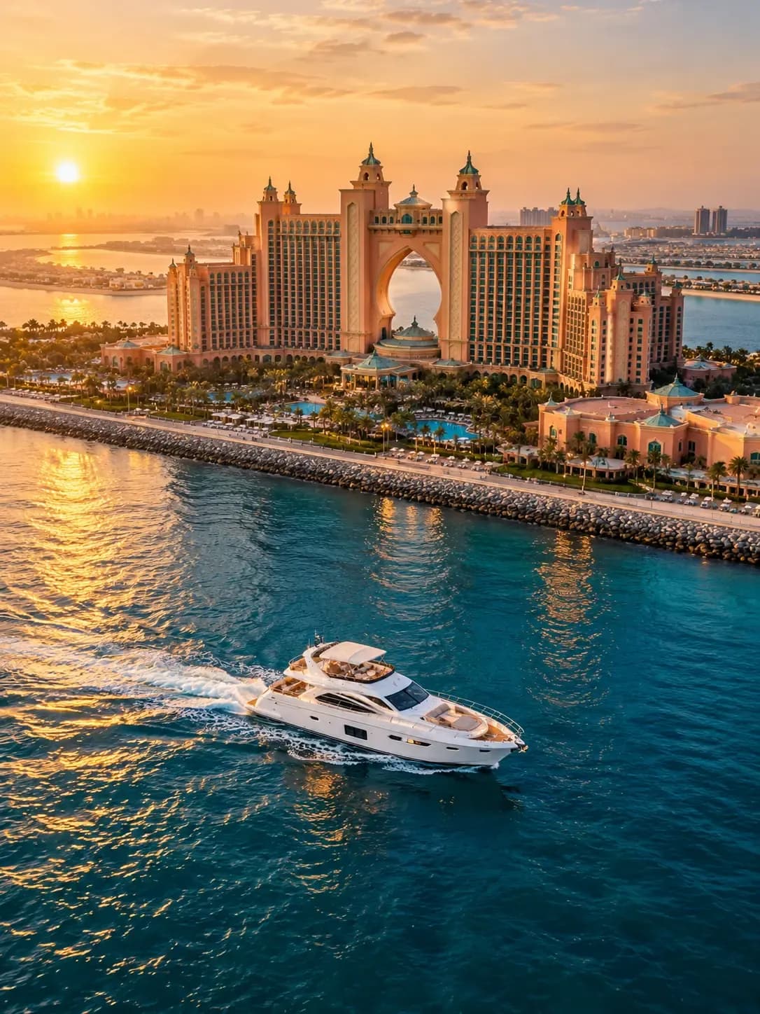 Yacht cruising past Atlantis The Palm at sunset, seen from above
