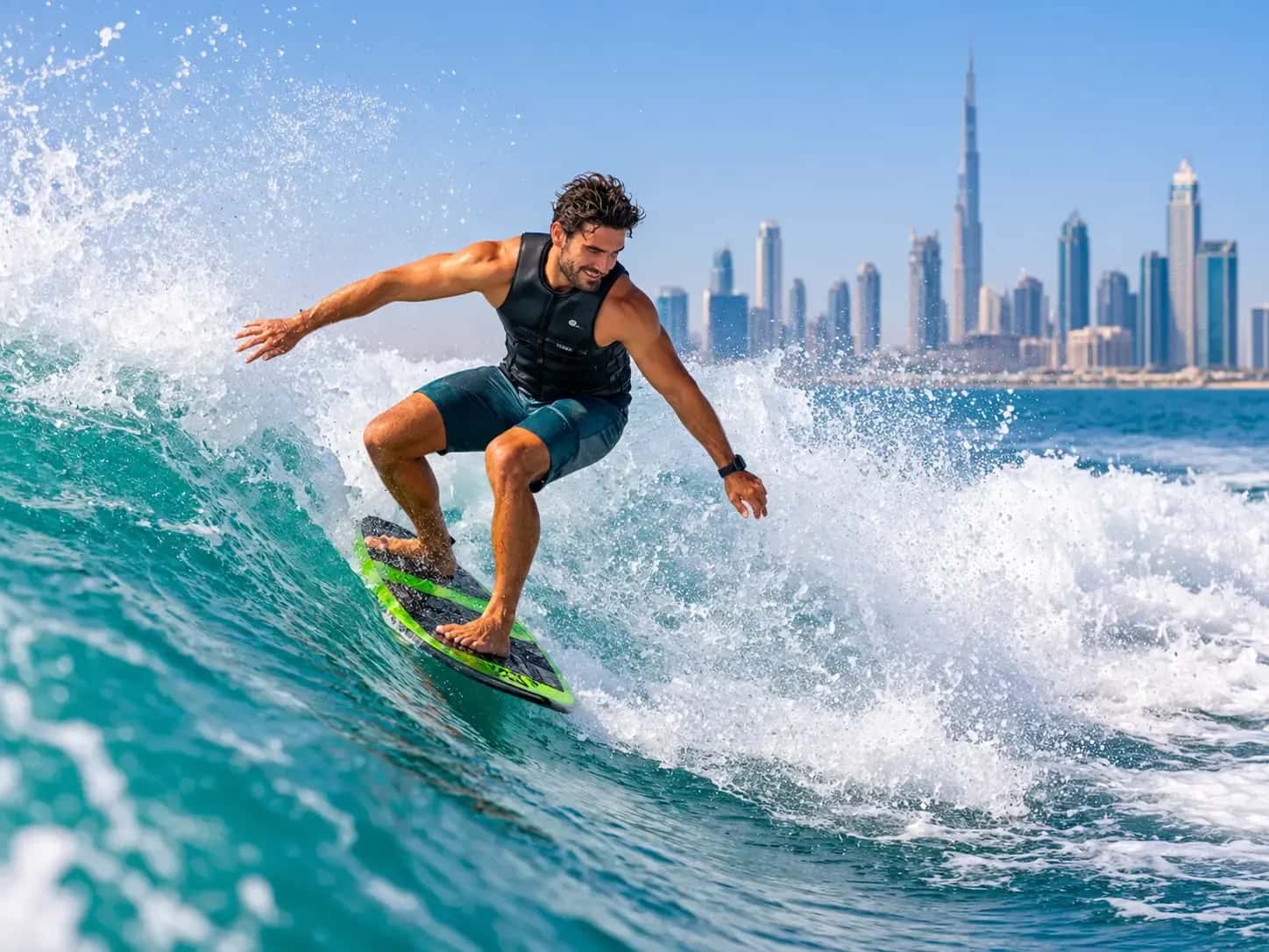 A rider wakesurfing on the boat's wave with the Dubai skyline behind